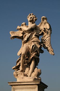 Angel bearing the superscription by Giulio Cartari - Western side of the Ponte Sant'Angelo in in Rome, Italy.