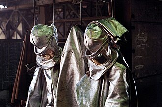 Clabecq, helmets and protective clothings for blast furnace workers.